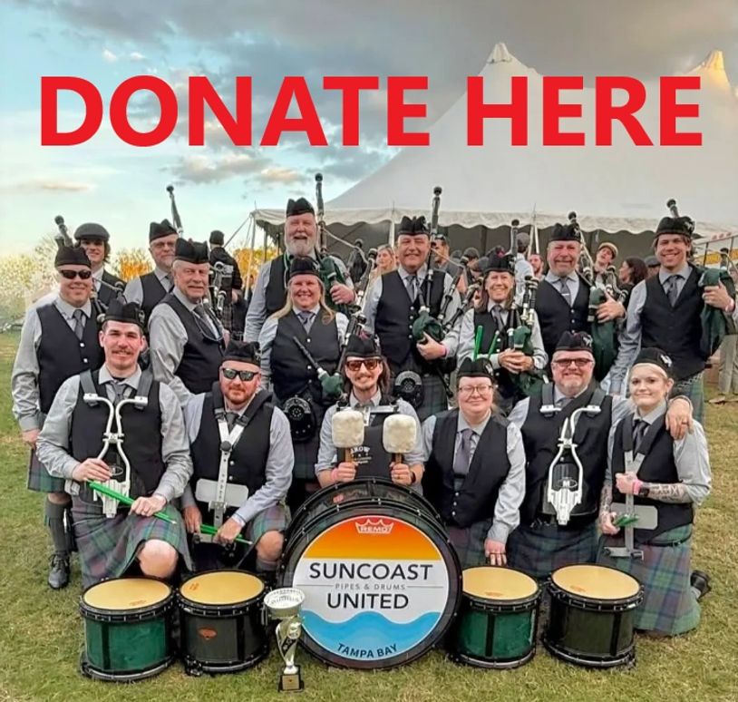 Suncoast United bagpipe band posing with drums and a donation request.