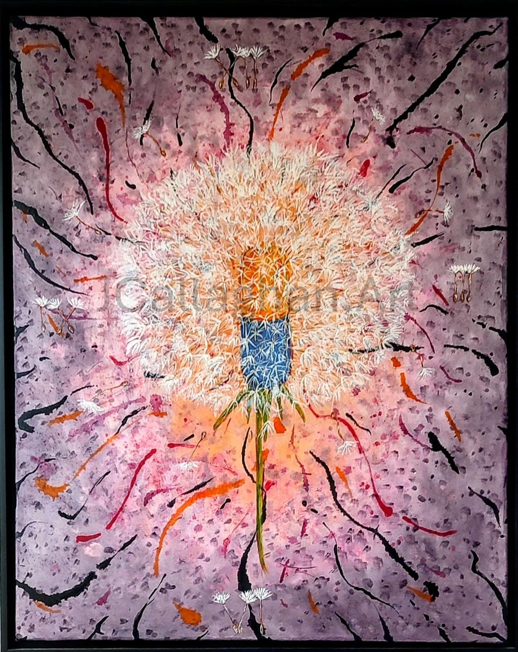 Abstract painting of a dandelion with vibrant colors and dynamic strokes.