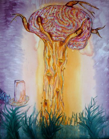 Surreal tree with brain-like canopy and hand-shaped branches in a dreamy landscape.
