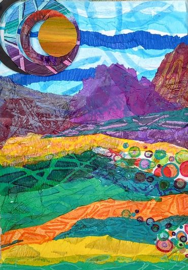 Colorful mixed-media landscape with abstract celestial elements.