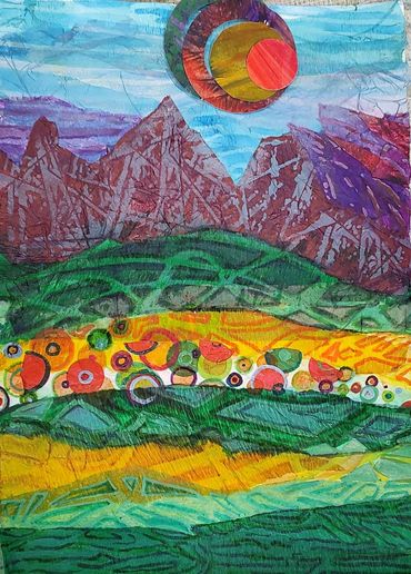 Abstract landscape with colorful mountains and celestial bodies.