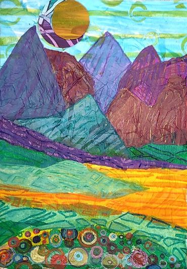 Colorful abstract landscape with mountains, a sun, and patterned foreground.