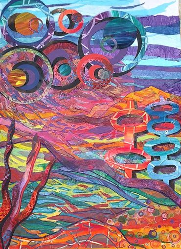 Abstract colorful collage with circular and organic shapes.