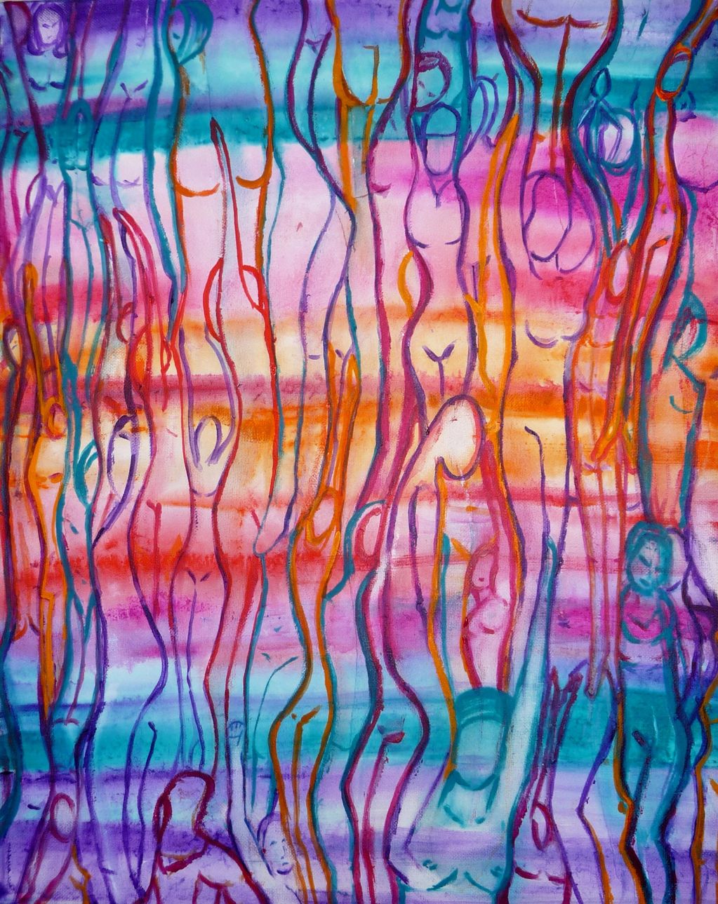 Abstract colorful painting of elongated human figures in vibrant stripes.