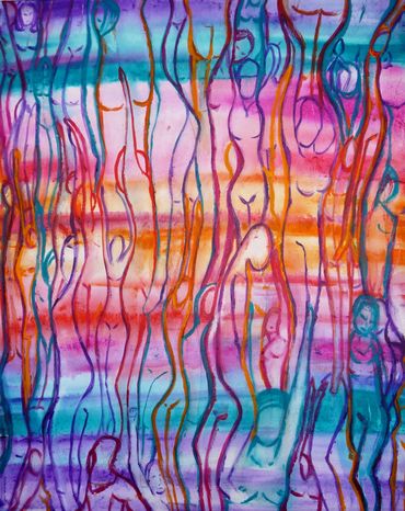 Abstract colorful painting of elongated human figures in vibrant stripes.