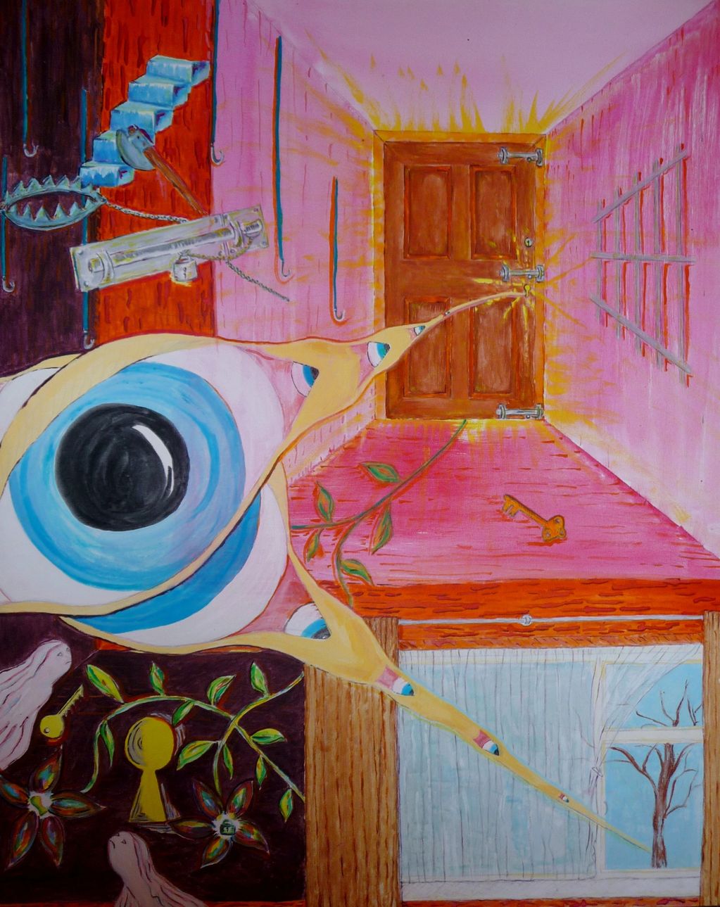 Surreal painting of a giant eye stretching towards a locked door with various mysterious elements.