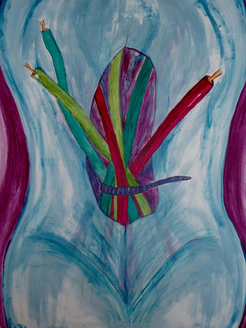 Abstract painting of a torso with colorful wires emerging from the center.