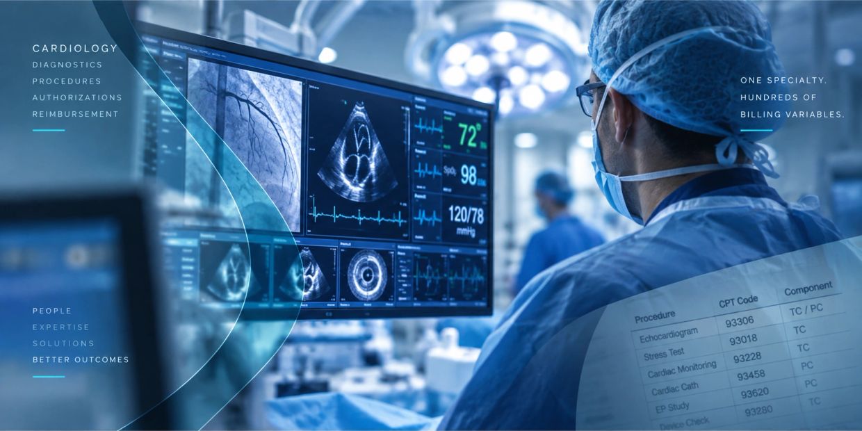 Cardiology specialist analyzing patient heart data on monitors in an operating room.