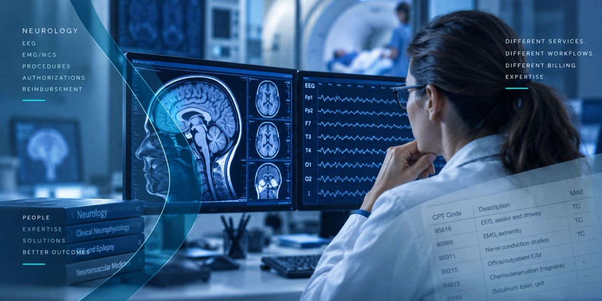 Neurologist analyzing brain scans and EEG data on dual monitors.