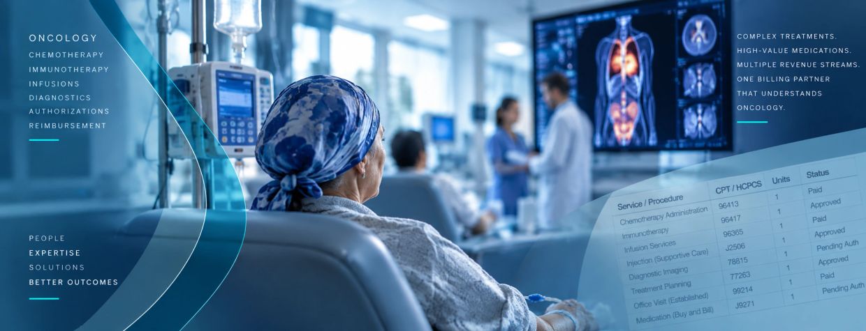 Patient undergoing oncology treatment with medical team in the background.