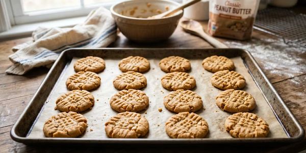 Freshly baked peanut butter cookies arranged on a baking sheet.
