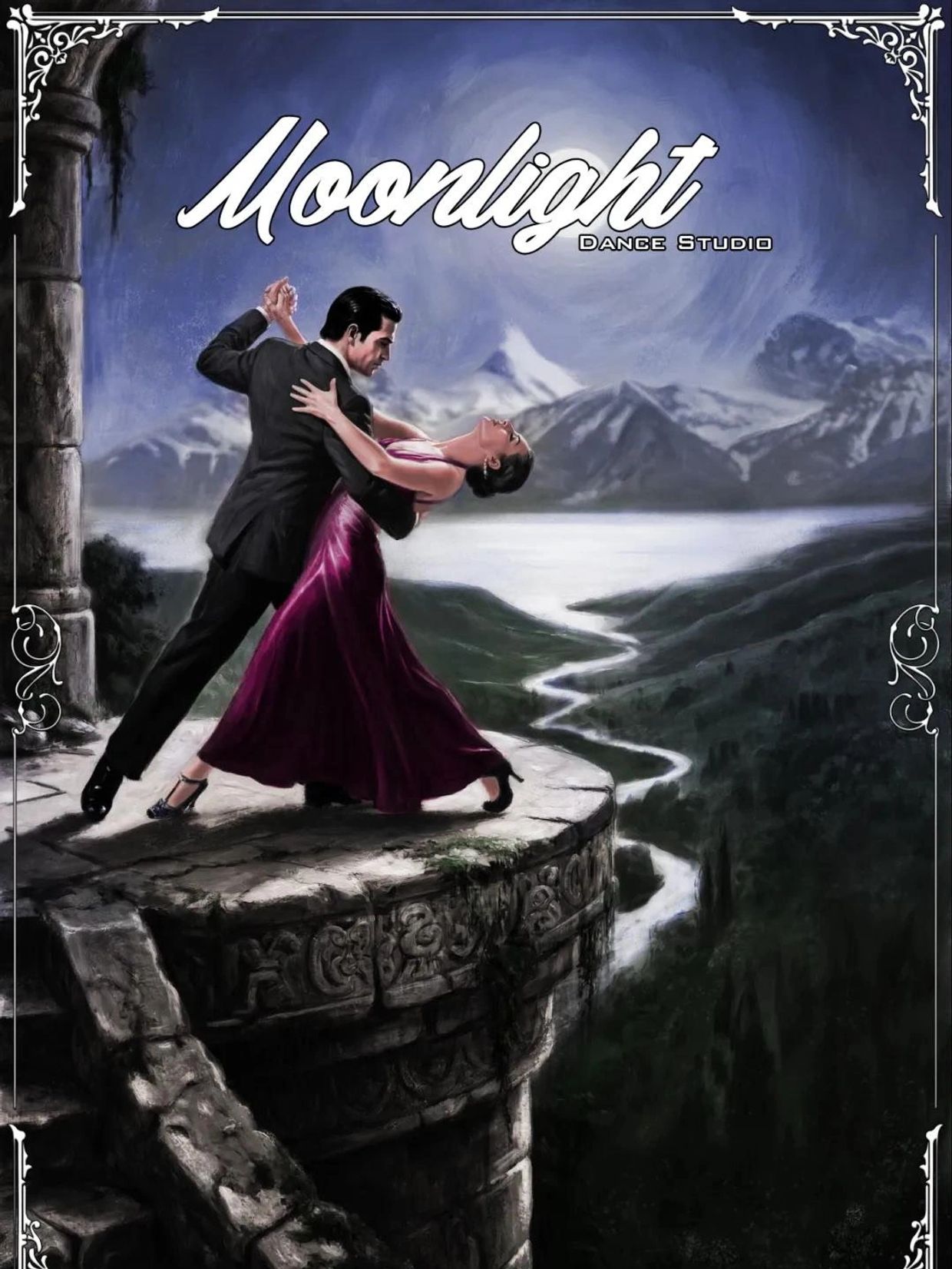 Elegant couple dancing passionately on a cliff under moonlight.