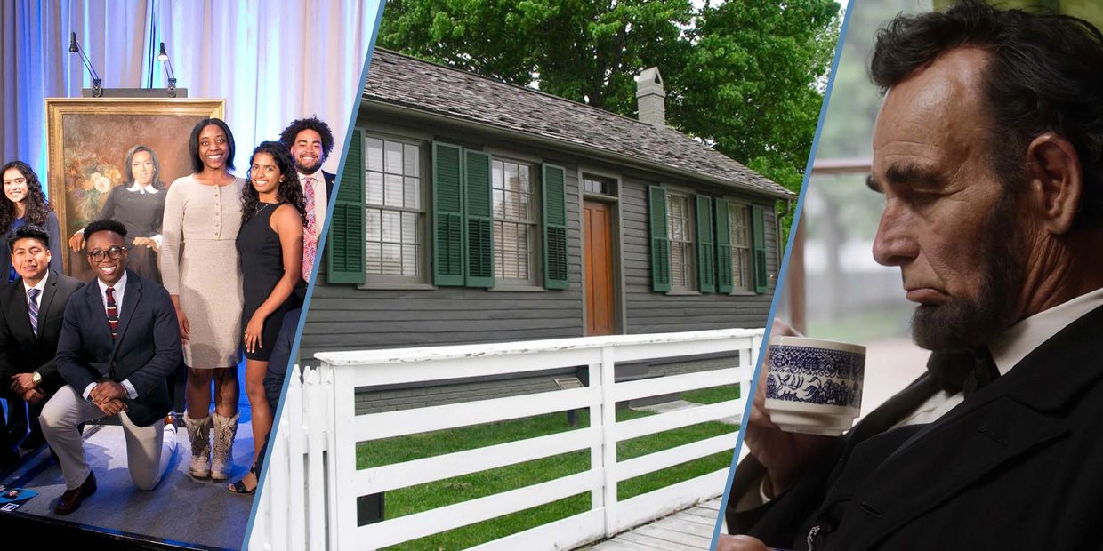 Collage featuring a group photo, a historic house, and a man resembling Abraham Lincoln.
