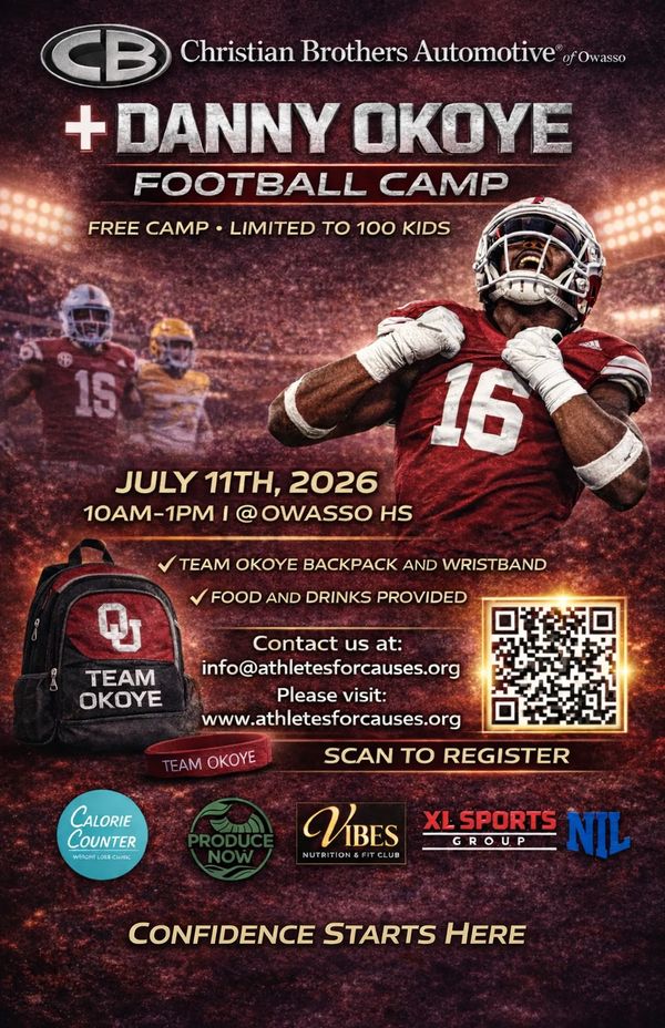 Danny Okoye Football Camp free for 100 kids on July 11, 2026, at Owasso HS.