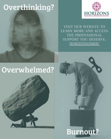 Mental health awareness ad addressing overthinking, overwhelm, and burnout with professional support.