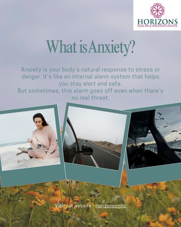 Informative poster explaining anxiety with calming images and a health center logo.