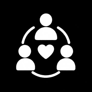 Three connected people icons with a heart in the center.