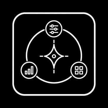 White interconnected icons in a circular flow on black.