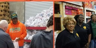 Volunteers distributing food supplies and organizing community support.