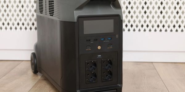 Portable power station with multiple outlets and USB ports on a wooden floor.