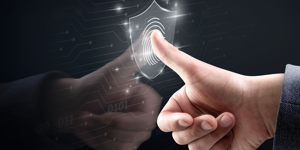 Biometric technology background with fingerprint scanning system on virtual screen digital remix

