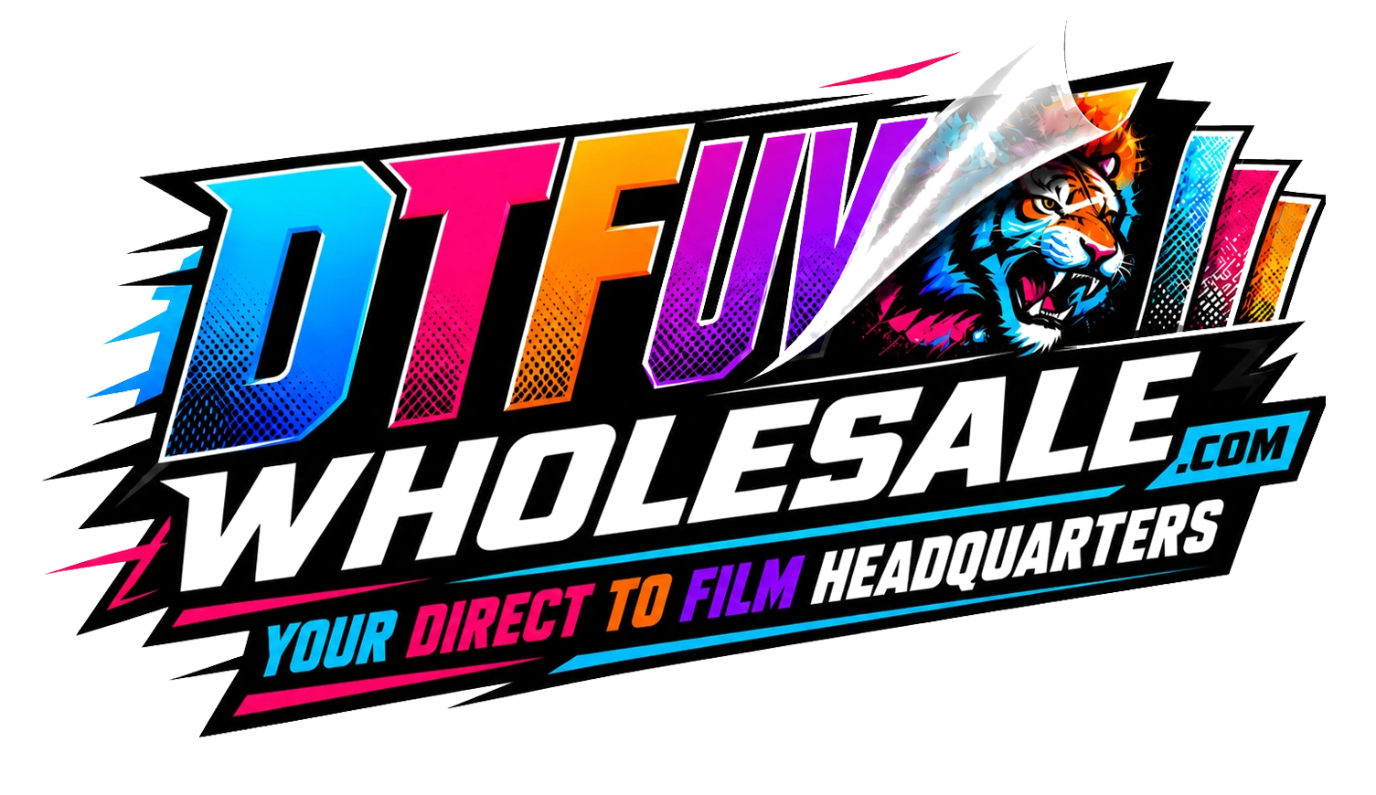 MULTI COLOR LOGO WITH TIGER THAT SAYS DTFUVWHOLESALE.COM AND LOOKS LIKE DIRECT TO FILM MATERIAL. 