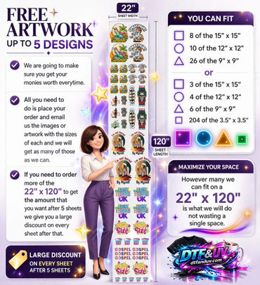 Free artwork designs for custom 22x120 inch sheets with size options and discounts.