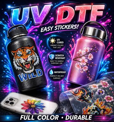 Vibrant UV DTF stickers on bottles and phone case with waterproof, scratch-resistant features.