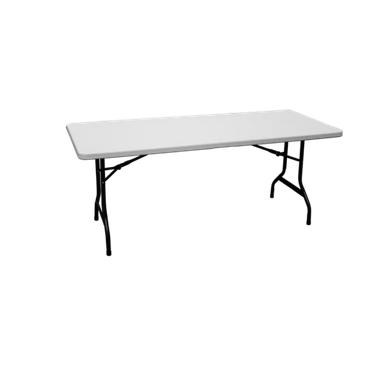 Rectangular folding table with white top and black legs.