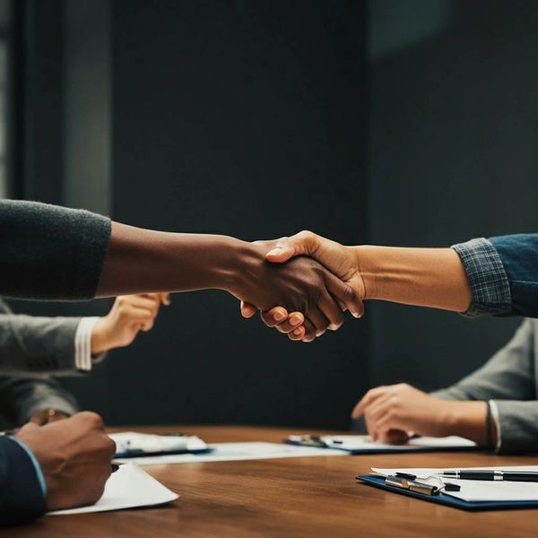 Two people shaking hands over a meeting table, symbolizing agreement.
