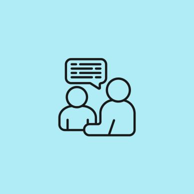 Two people having a conversation with a speech bubble.