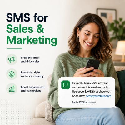 Woman smiling while reading a marketing SMS on her phone for sales promotion.