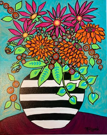 Dahlias in Round Striped Vase 
Acrylic Painting 