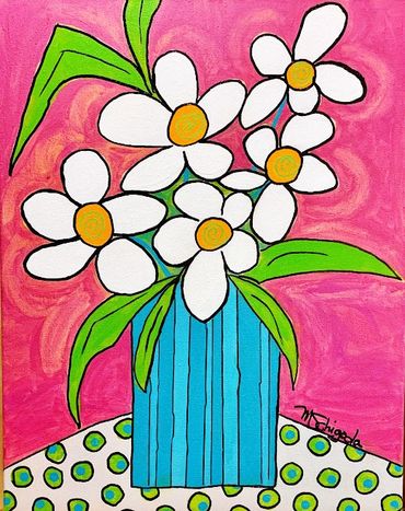 White Daisies in Teal Striped Vase Aacrylic painting