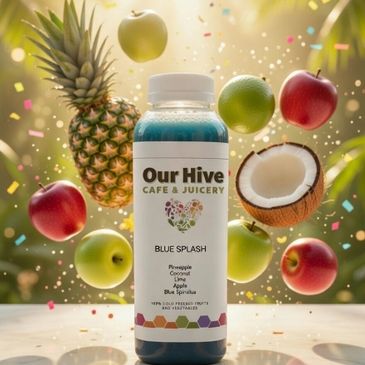A vibrant juice bottle surrounded by fresh fruits and confetti.