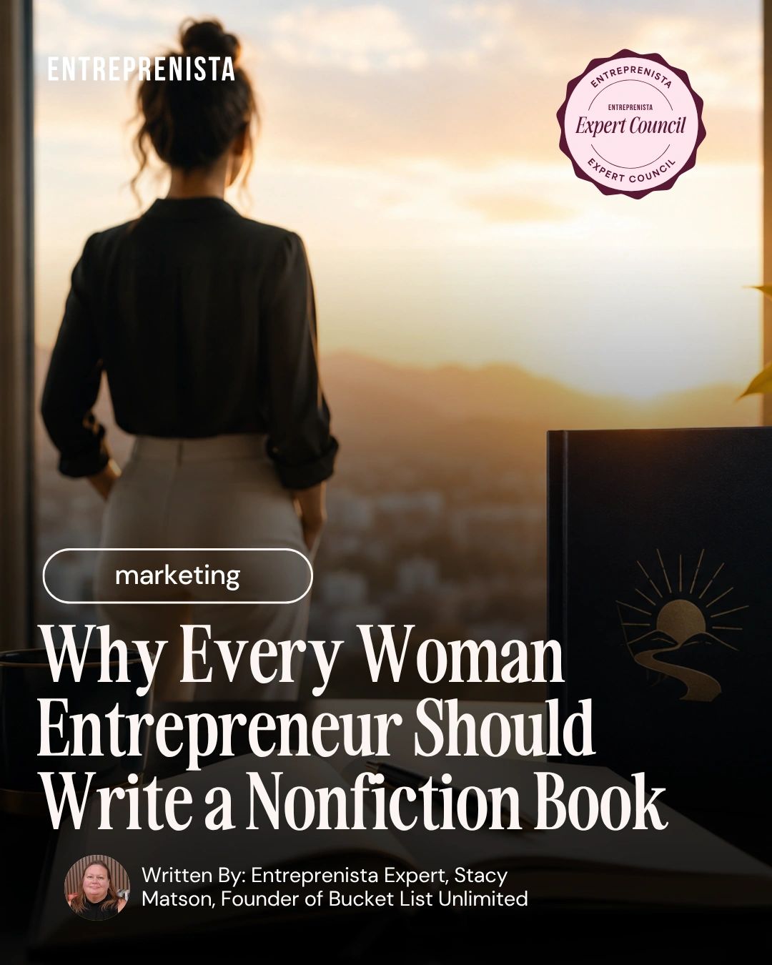 Woman entrepreneur contemplating at sunset with nonfiction book advice.