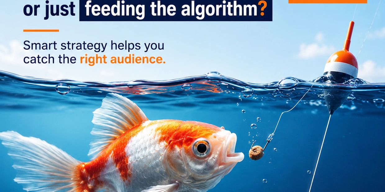 Goldfish about to bite bait with text about smart strategy catching the right audience.