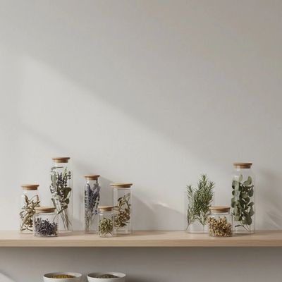 Glass jars with dried herbs arranged on a wooden shelf against a plain wall.
