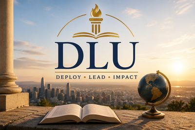 DLU logo with open book, globe, and cityscape at sunset.