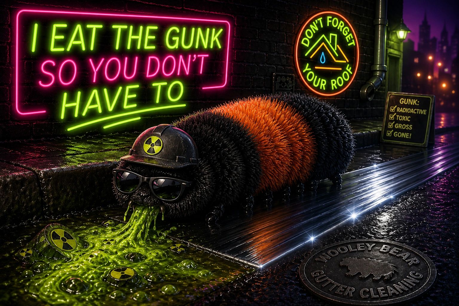 A cool woolly bear caterpillar cleans toxic gunk in a neon-lit urban setting from the gutter.