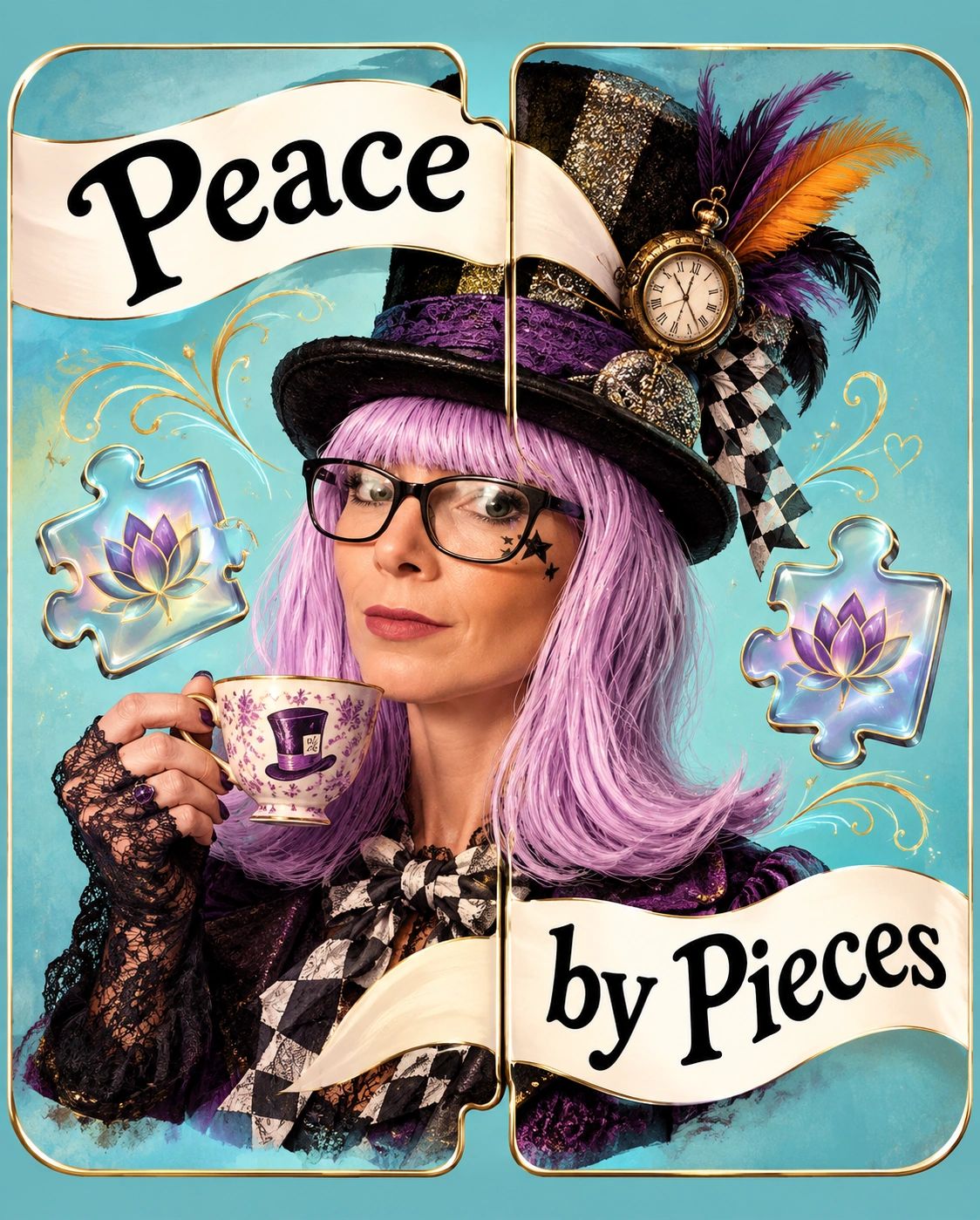 Peace by pieaces. An image of Kristina  Woodsmall with puzzle pieces that add up to make her whole. 