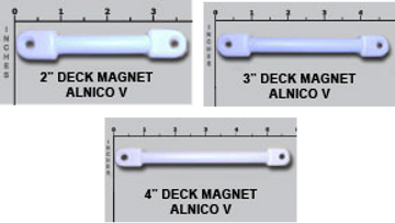 Deck magnet showing sizes of 2 inch, 3 inch and 4 inch. New PVC enclosed Alnico V Deck Magnets 