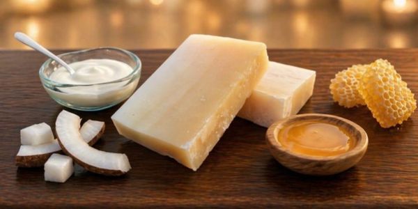 Natural skincare ingredients including coconut, honey, and creamy lotion.