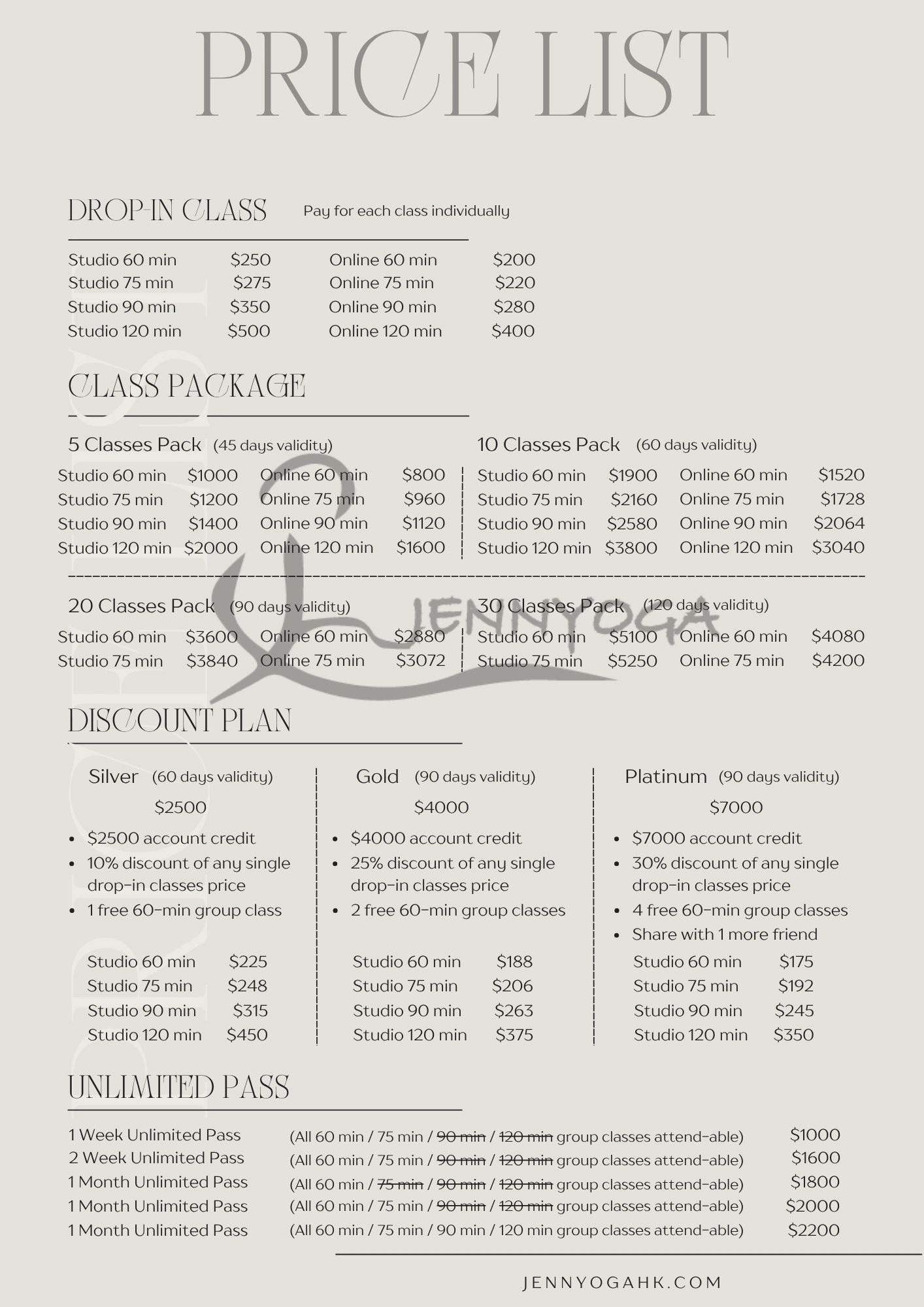 Price list for yoga classes, packages, discounts, and unlimited passes.