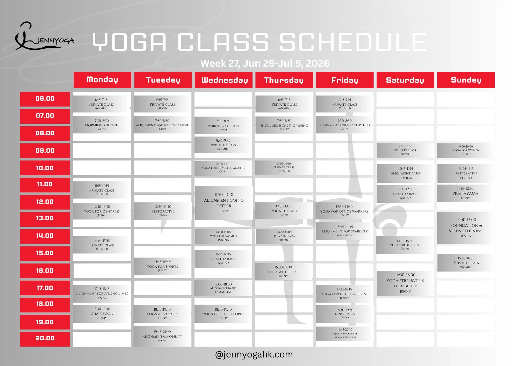 Weekly yoga class schedule with various sessions and instructors from June 29 to July 5, 2026.