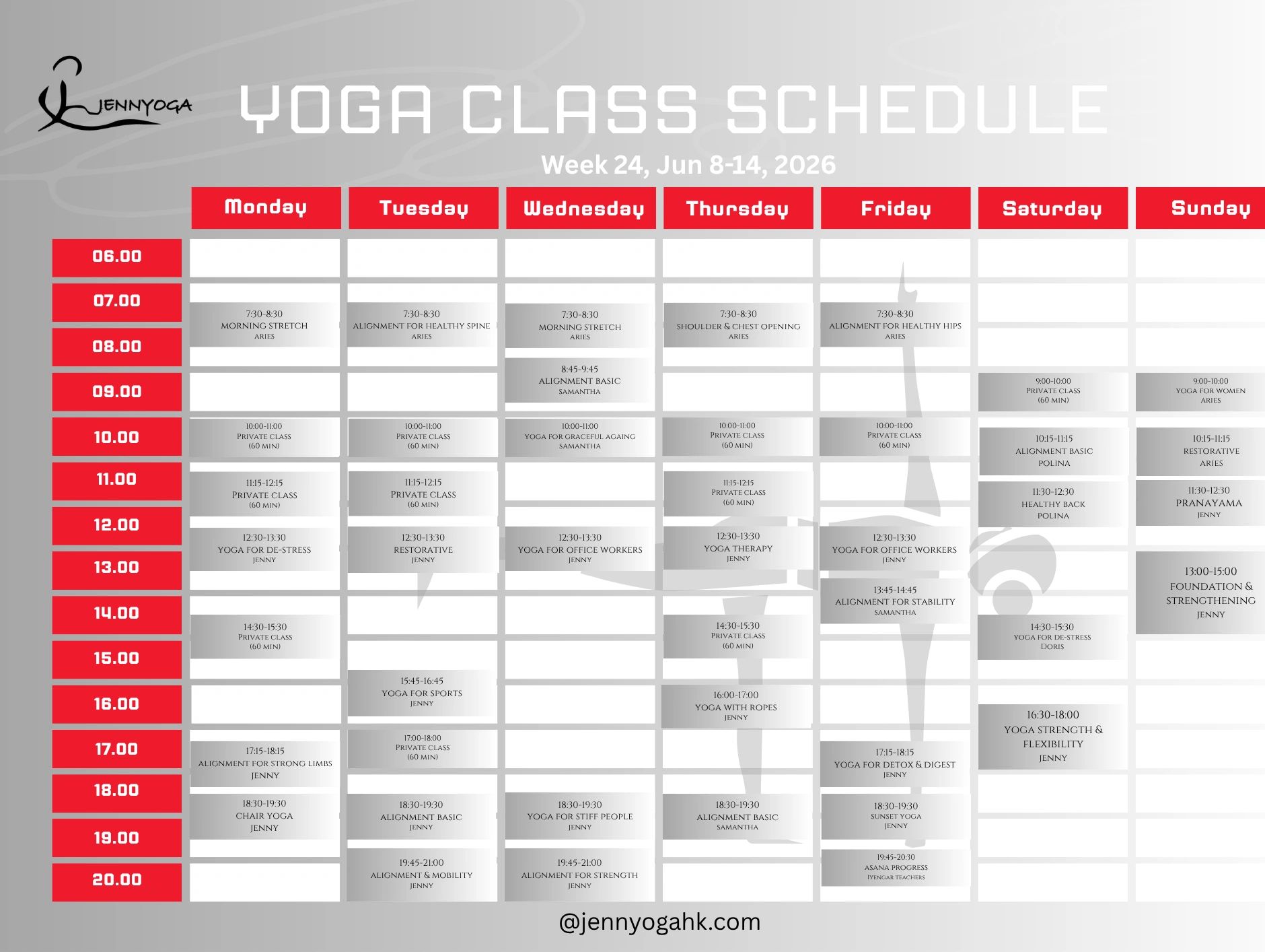 Weekly yoga class schedule from JennyYoga, June 8-14, 2026.