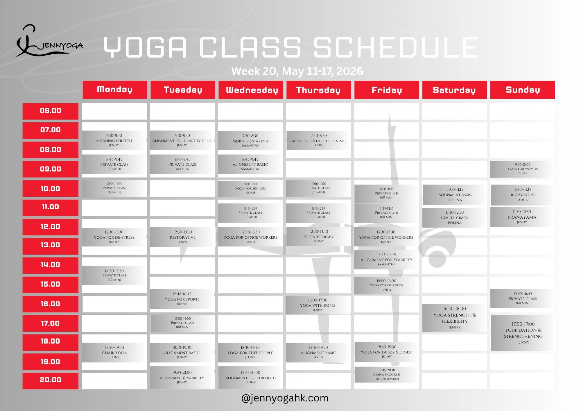 JennyYoga weekly yoga class schedule from May 11-17, 2026 with diverse classes and instructors.