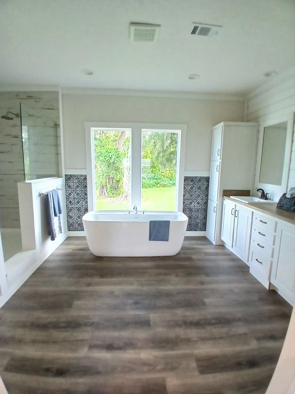 Flooring, Pedestal Tub, Vanity, Shower, Drywall & Painting