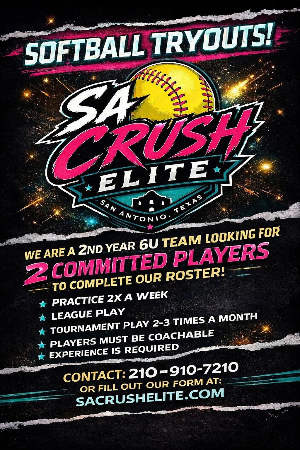 Softball tryouts for SA Crush Elite 6U team in San Antonio, Texas.