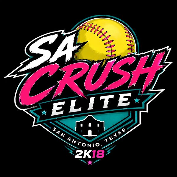 SA Crush Elite softball team logo with a yellow ball and San Antonio, Texas text.